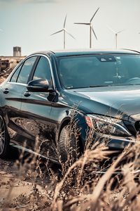 Превью обои mercedes-benz, mercedes, автомобиль, черный, трава