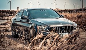 Превью обои mercedes-benz, mercedes, автомобиль, черный, трава