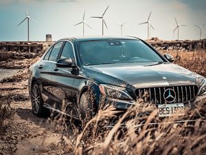 Превью обои mercedes-benz, mercedes, автомобиль, черный, трава