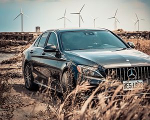 Превью обои mercedes-benz, mercedes, автомобиль, черный, трава