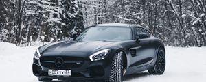 Превью обои mercedes-benz, mercedes, черный, снег, лес