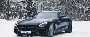 Превью обои mercedes-benz, mercedes, черный, снег, лес