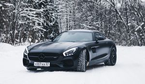 Превью обои mercedes-benz, mercedes, черный, снег, лес