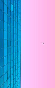 Превью обои минимализм, голубой, розовый, здание, небо, птица