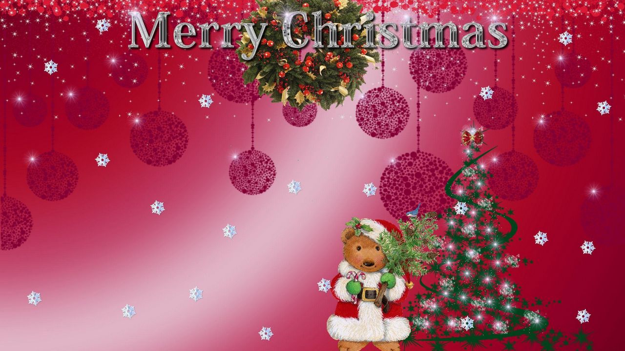 Обои мишка, елка, венок, надпись, рождество, снежинки, праздник