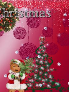 Превью обои мишка, елка, венок, надпись, рождество, снежинки, праздник