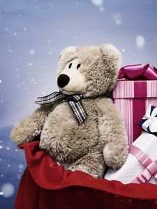 Превью обои мишка, подарки, мешок, снег, рождество, новый год