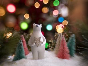 Превью обои мишка, звезда, елки, снег, боке, новый год, рождество
