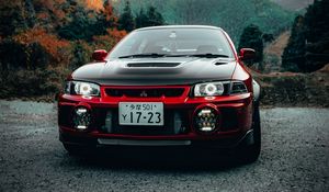 Превью обои mitsubishi lancer evolution, mitsubishi, автомобиль, красный, черный, вид спереди