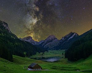 Превью обои млечный путь, звездное небо, звезды, долина, горы