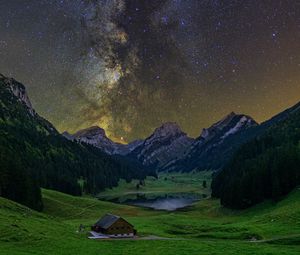 Превью обои млечный путь, звездное небо, звезды, долина, горы