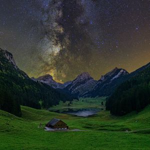 Превью обои млечный путь, звездное небо, звезды, долина, горы