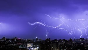 Превью обои молния, город, небо, ночь