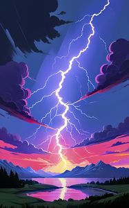 Превью обои молния, небо, природа, озеро, арт
