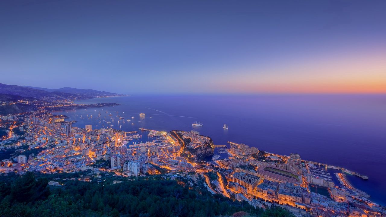 Обои монако, ночь, город, свет, панорама