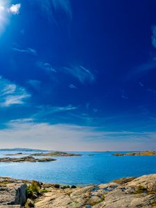 Превью обои море, берег, камни, солнце, небо, горизонт, природа