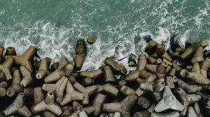 Превью обои море, берег, вид сверху, прибой, волны