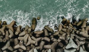 Превью обои море, берег, вид сверху, прибой, волны