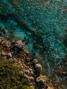 Превью обои море, берег, вид сверху, вода, камни