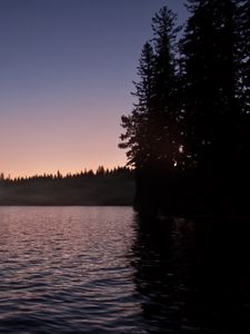 Превью обои море, деревья, лес, природа, гора, вечер