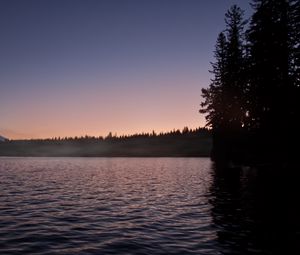 Превью обои море, деревья, лес, природа, гора, вечер