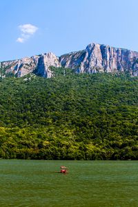 Превью обои море, горы, деревья, возвышенность, пейзаж