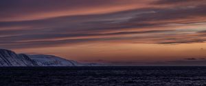 Превью обои море, горы, снег, вечер, пейзаж
