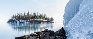 Превью обои море, камни, лед, снег, заснеженный