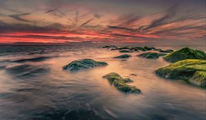 Превью обои море, камни, мох, пейзаж, природа