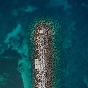 Превью обои море, камни, вид сверху, волнорез, вода