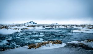 Превью обои море, лед, гора, снег, исландия