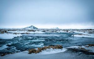 Превью обои море, лед, гора, снег, исландия