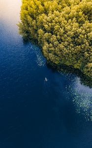 Превью обои море, лодка, вид сверху, деревья, литва