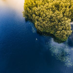 Превью обои море, лодка, вид сверху, деревья, литва