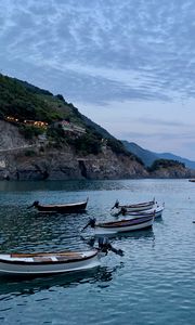 Превью обои море, лодки, скала, остров, пейзаж