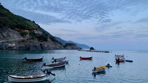 Превью обои море, лодки, скала, остров, пейзаж