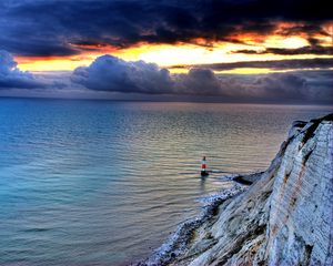 Превью обои море, маяк, скала, закат