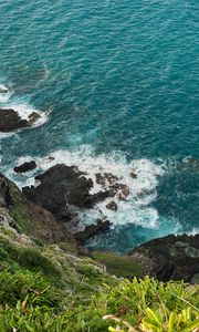 Превью обои море, морская пена, трава, камни