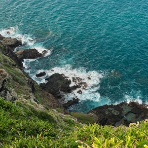 Превью обои море, морская пена, трава, камни