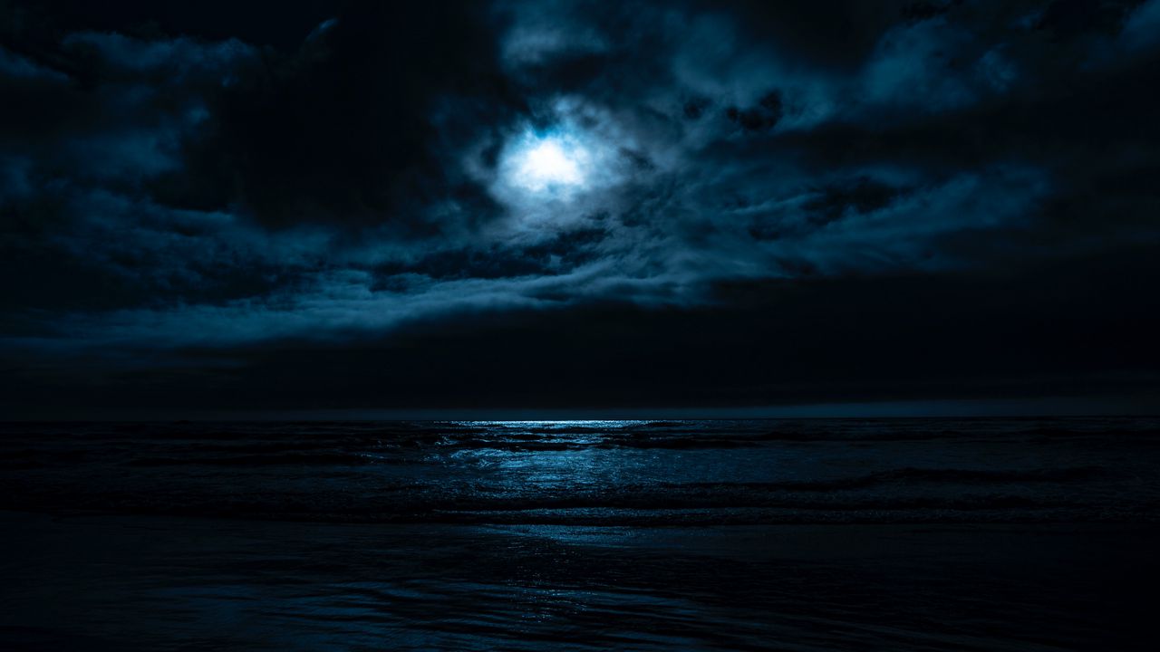 Обои море, ночь, луна, горизонт