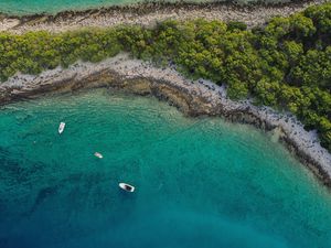 Превью обои море, остров, вид сверху, лодки, пляж