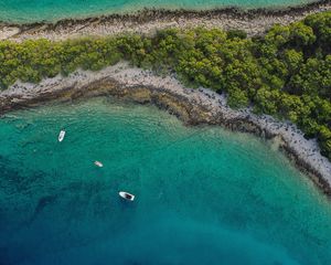Превью обои море, остров, вид сверху, лодки, пляж