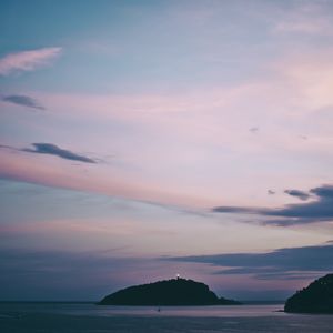 Превью обои море, острова, скалы, горизонт, закат