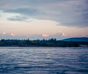 Превью обои море, пейзаж, горы, деревья, природа