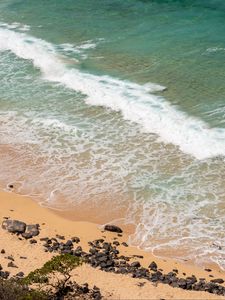 Превью обои море, пена, пляж, камни, песок, природа