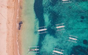 Превью обои море, пляж, лодки, вид сверху