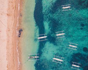 Превью обои море, пляж, лодки, вид сверху