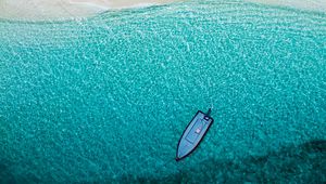 Превью обои море, пляж, вид сверху, лодка, вода