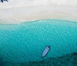 Превью обои море, пляж, вид сверху, лодка, вода