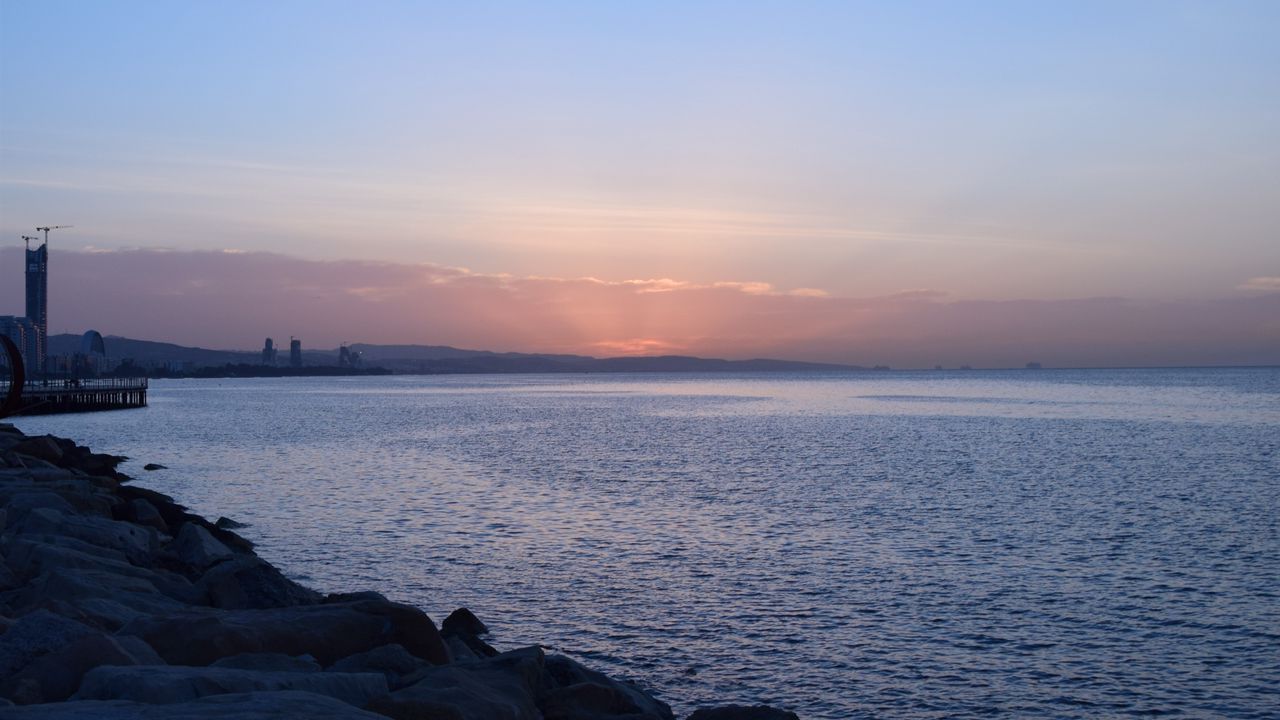 Обои море, пляж, закат, сумерки, горизонт